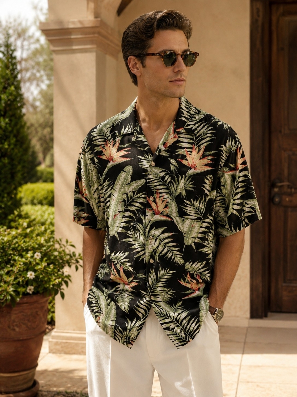 Lucky Brand Black Tropical Print Short-Sleeve Button-Down Shirt